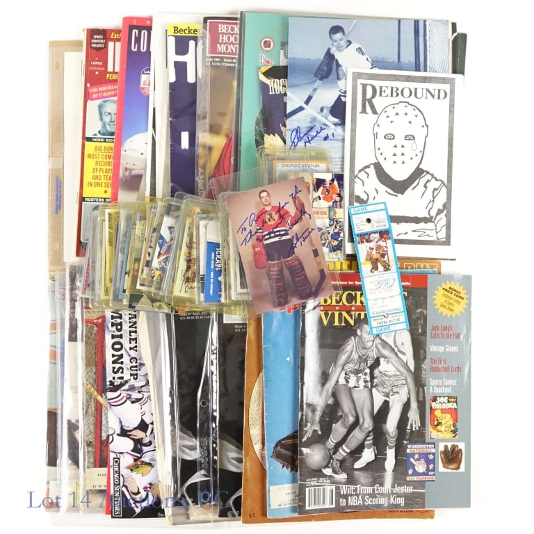 Hockey Autographs And Ephemera: Hockey fans will love this collection of signed cards and ephemera. For openers there is a signed 8x10 of Maurice "Rocket" Richard. There are also 59 signed hockey cards including such players as Luc 
