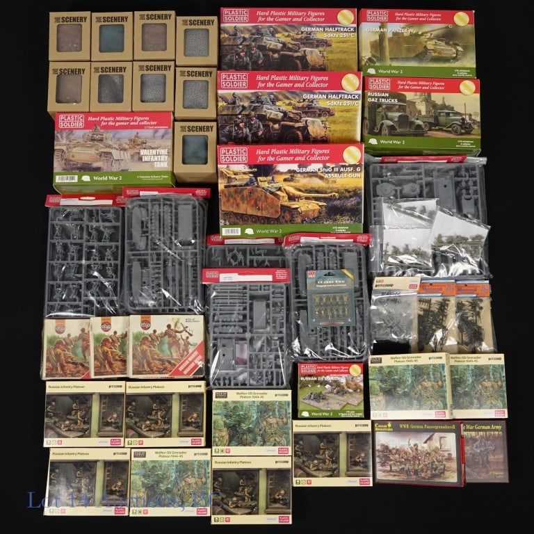 1/72 Plastic Miniatures and Accessories, NIB (+35): 1/72 Plastic Miniatures and Accessories, NIB (+35). Large collection of New In Box 1/72 plastic miniatures and accessories from Plastic Soldier, Deep Cut Studio, Caeser Miniatures and Airfix. Items al