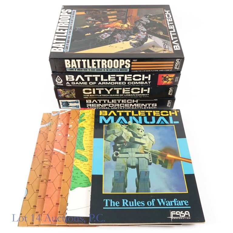 Battletech Tabletop Games, Unpunched (4): Battletech Tabletop Games, Unpunched (4). A group of Battletech tabletop games and accessories. Items include: Battletroops 1637; Battletech 1604 (second edition); Citytech 1608; Battletech reinforcem