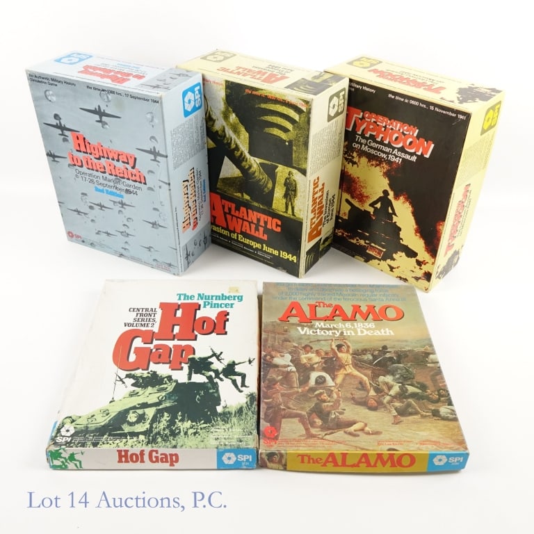SPI Tabletop Games, Some Big Boxes (5): SPI Tabletop Games, Some Big Boxes (5). A group of tabletop games from Simulations Publications Incorporated. Operation Typhoon, #2070 Big Box - appears complete and unpunched. Atlantic Wall, #1980 Bi