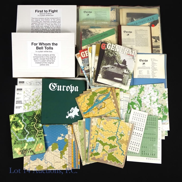Europa Play Aids, Table Top Game Lot: Europa Play Aids, Table Top Game Lot. Collection of table top game accessories and paraphernalia. Items include: Europa Play Aids Kits 1, 2 & 3; For Whom the Bell Tolls in a plain white box; First to 