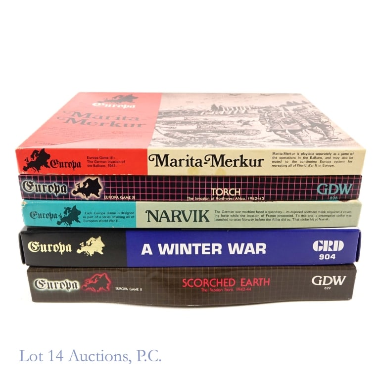 Europa Tabletop Games, Unpunched (5): Europa Tabletop Games, Unpunched (5). A collection of tabletop games from Game Designer's Workshop (GDW). All items appear complete, all cards unpunched. Items are: Scorched Earth #829; Collector's Se