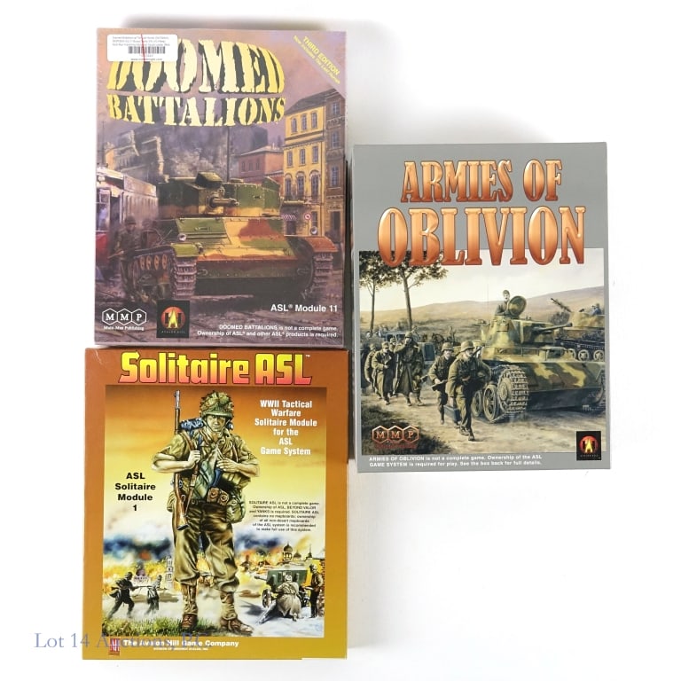 ASL Games Modules, Doomed Battallions NIB. (3): ASL Games Modules, Doomed Battallions NIB. (3). Unpunched or partially punched games for Advanced Squad Leader, one New In Box. Doomed Battallions, Module 11, 3rd edition - in shrink wrap; Solitaire A