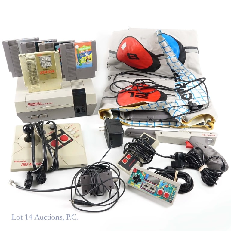 Nintendo NES Console, Accessories, Games (5): Nintendo NES game console comes with a Power Pad, 2 controllers, Zapper, NES Advantage, and cords. The 5 games include: Super Mario Bros Duck Hunt (with booklet), Top Gun, Sesame Street Astro - Grover