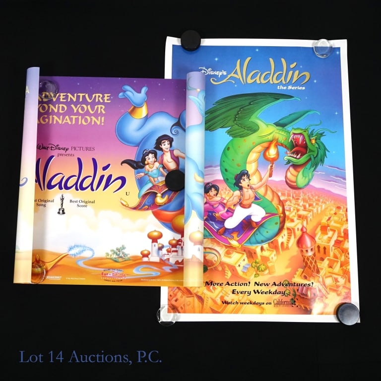1992 Disney Aladdin Film Posters (Quad/1sh) (2): Two rolled original vintage rolled theater posters. One is the 1992 first release movie poster of Ron Clements & John Musker's Aladdin film (British Quad size), British movie poster printed after rece