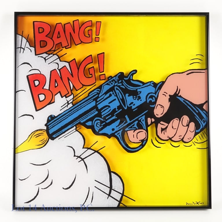 "Bang! Bang!" Pop Art Painting: "Bang! Bang!" painting (reverse painting on the glass with painted background). We believe that this is in the style of artist Dave White or Roy Lichtenstein, but we do not claim that this is their wo
