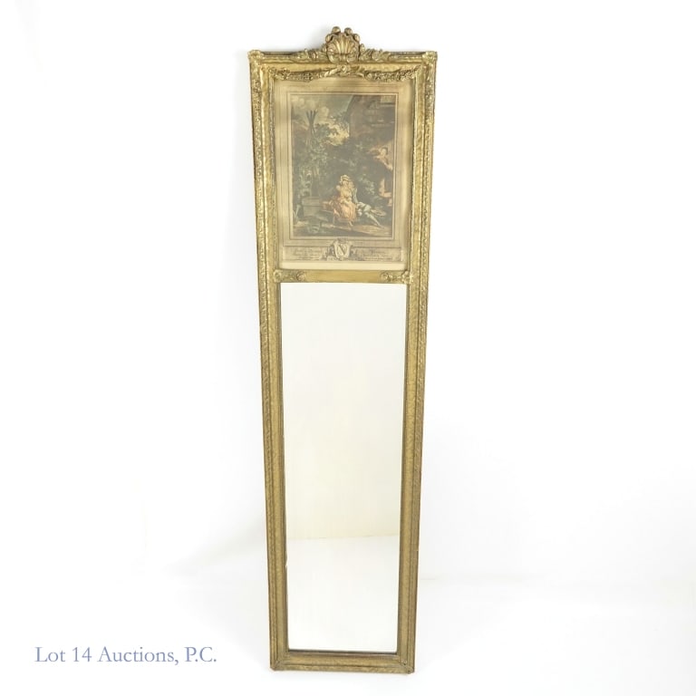 Trumeau Mirror w/ Jardinier Galant Print: *** Lot 14 will NOT ship this lot from our shop. Local pick up or 3rd party shipping ONLY. *** Trumeau mirror, featuring a color copy of the engraving "Le Jardinier Galant" by Isidore Stanislas Henri