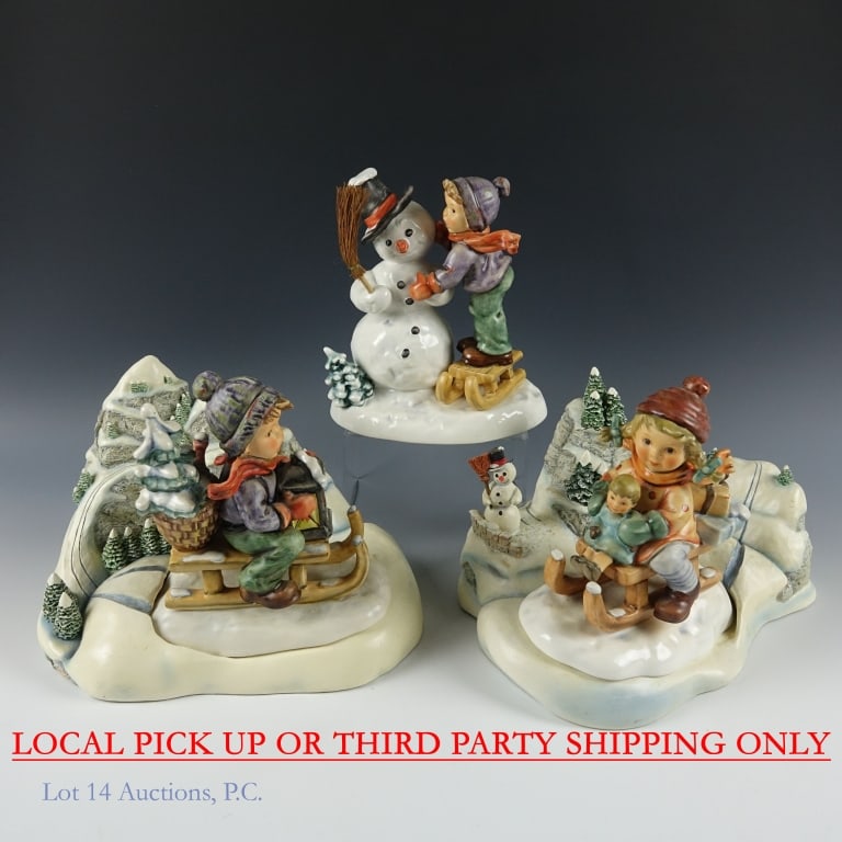 Goebel Hummel Snowscapes & Figurines (5) LOCAL PICK UP OR THIRD PARTY SHIPPING ONLY: LOCAL PICK UP OR THIRD PARTY SHIPPING ONLY. Goebel Hummel "Making New Friends" #2002, "Ride Into Christmas w/ Scape" #396, and "Christmas Delivery w/ Scape" #2014/1. #2002 is 6.75" tall. #396 is 6" ta