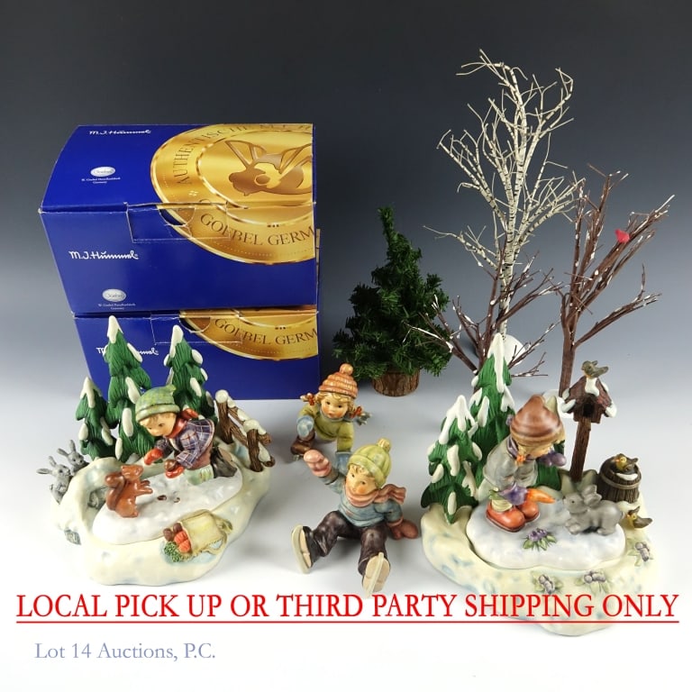 Goebel Hummel Figures w/ Scapes (6) (LOCAL / 3RD PARTY SHIPPING ONLY): LOCAL PICK UP OR THIRD PARTY SHIPPING ONLY. Goebel Hummel "Peaceful Offering w/ Scape" #2066 (Limited Edition:18,227/25,000), "Playful Pals w/ Scape" #2053 (Limited Edition: 05339/25,000), "Skating Le