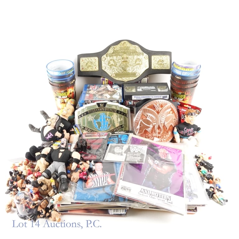 Wrestling Photos, Figures & More: The lot includes wrestling themed cups, folders, figures, magazines, books, and signed wrestler photos. NONE of the photos have a COA for the signature. The lot also includes a flag, mystery figures a