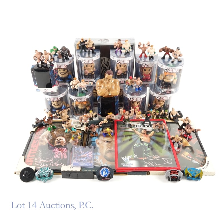 Wrestling Figures, Signed Card & Game: 11 WWE Ooshies, WWE DVD board game (sealed), "Hacksaw" Jim Duggan signed card, Steve Austin posters (2), and many small wrestling figure toys. See photos for condition and details.