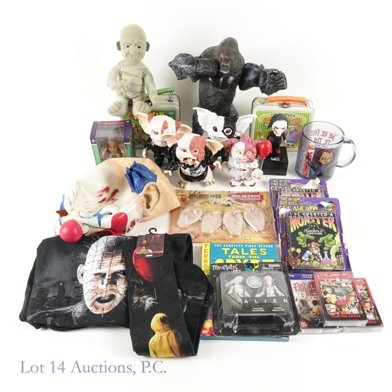 Horror / Science Fiction Figures & Toys: Horror and science fiction cards, toys, figures, etc. Some of these are: a King Kong figure, two Monster themed lunchboxes, I've created a monster card games (2), Monsters: The Mummy plushie, Jigsaw f