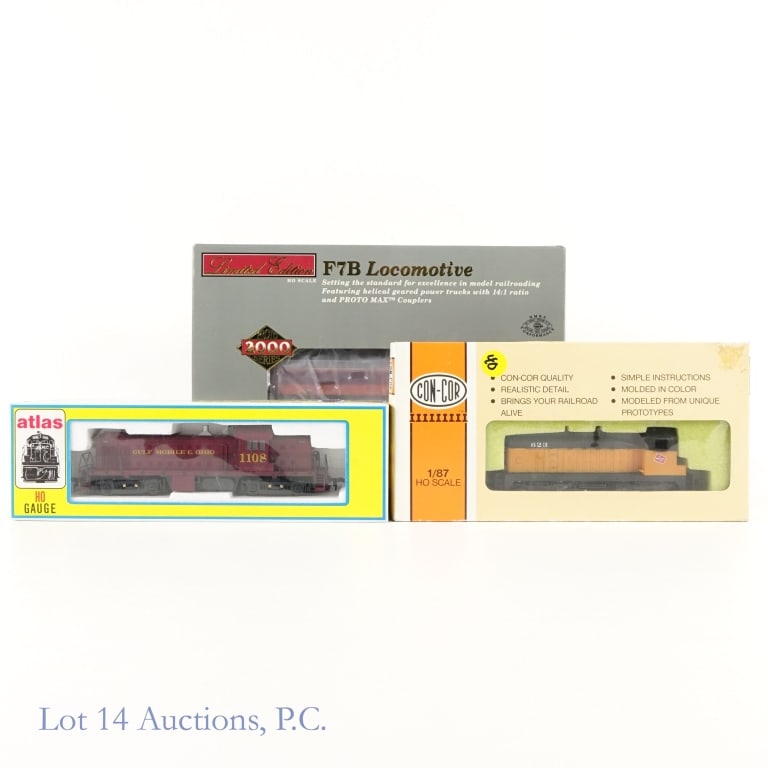 HO Scale Locomotives (3): 1 - Atlas HO gauge Gulf Mobile & Ohio 1108 train locomotive. 2 - Con - Cor Milwaukee Road 623 HO scale diesel switcher locomotive. 3 - Wathers limited edition Proto 2000 series F7B Locomotive. All tra
