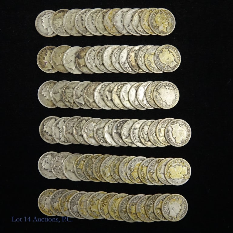 USA 90%-Silver Barber & Mercury Dimes (80): Eighty (80) United States silver Barber and Mercury dimes in two partial plastic coin roll holders: ---Barber dimes (34); and---mercury dimes (46). NOTE: Barger dimes have some tape residue on them. M