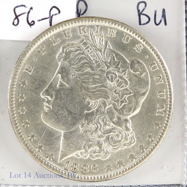 1886 (P) USA Silver Morgan Dollar (BU): 1886 United States silver Morgan dollar (Philadelphia Mint). Designer is George T. Morgan. Per consigner, grades BU. Metal is 90% silver, weighs 26.73 grams and diameter measures 38.1 mm. Mintage is 1