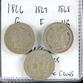 1866 - 1868 USA Nickel Three Cent Pieces (3)