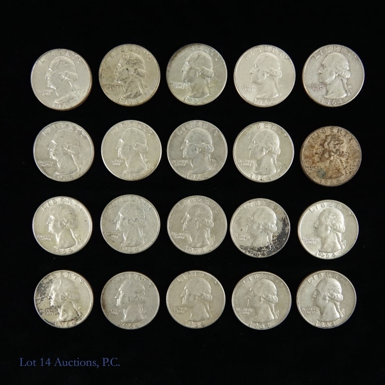 90%-Silver Washington Quarters ASW 3.6 Ozt. (20): Twenty (20) silver Washington quarters. Metal is 90% silver and weighs 12.5 grams each coin. (Total lot ASW estimated at 3.616 ozt.) *** Lot 14 Auctions is not a professional numismatic agency. Consig