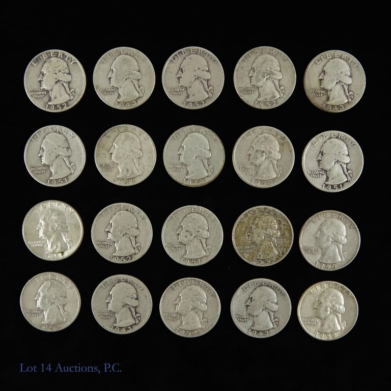 90%-Silver Washington Quarters ASW 3.6 Ozt. (20): Twenty (20) silver Washington quarters. Metal is 90% silver and weighs 12.5 grams each coin. (Total lot ASW estimated at 3.616 ozt.) *** Lot 14 Auctions is not a professional numismatic agency. Consig