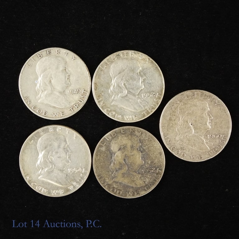 1949 - 1960 USA Silver Franklin Half Dollars (5): Five (5) United States silver Franklin half dollars (Philadelphia, Denver, San Francisco Mints) as follows: ---1949-S a key date (mintage 3,744,000); ---1952-D (mintage 25,395,600); ---1952-S (mintage