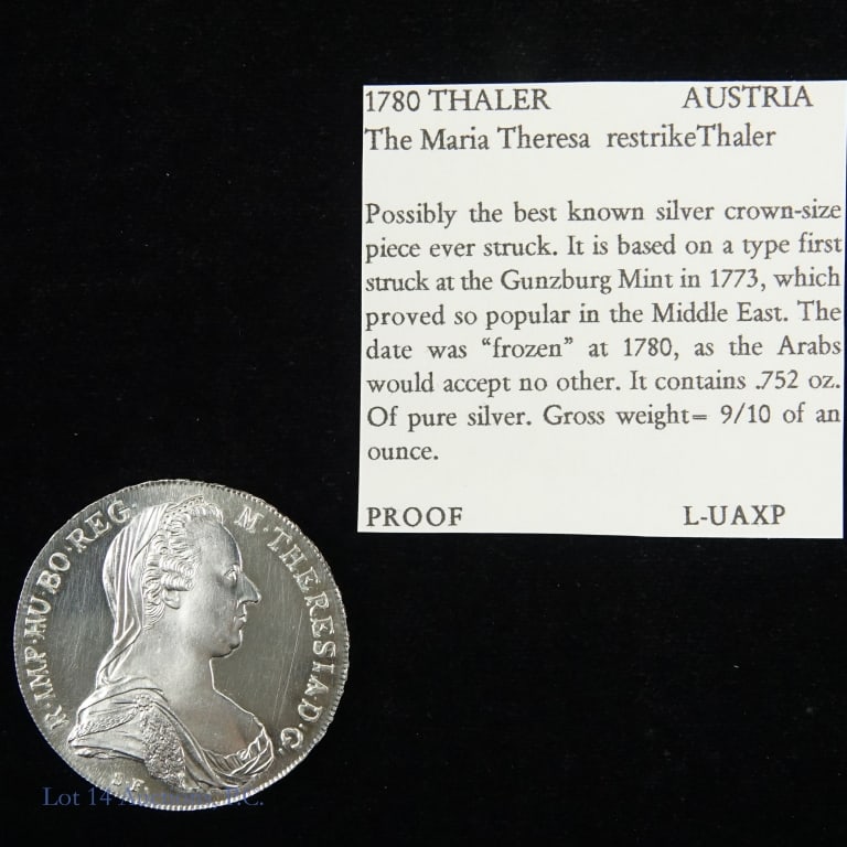 "1780" Vienna Silver Maria Theresa Thaler (GEM PR): RESTRIKE - "1780" Silver Maria Theresa Thaler. Comes with history of the piece. Per consigner, try to find a nicer piece with more mirror like surfaces than this one. Grades GEM proof. Originally stru