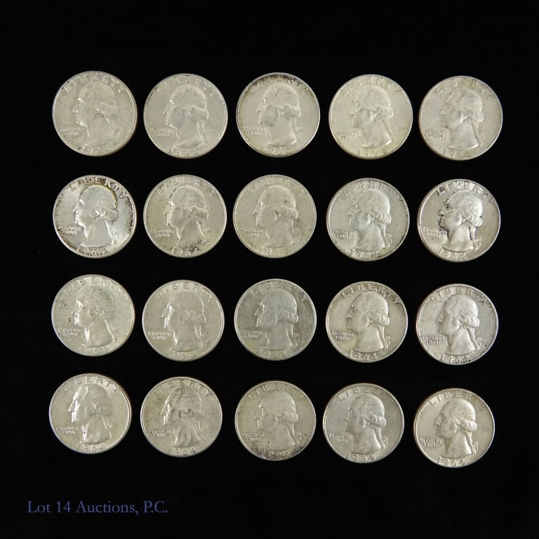 90%-Silver Washington Quarters ASW 3.6 Ozt. (20): Twenty (20) silver Washington quarters. Metal is 90% silver and weighs 12.5 grams each coin. (Total lot ASW estimated at 3.616 ozt.) *** Lot 14 Auctions is not a professional numismatic agency. Consig