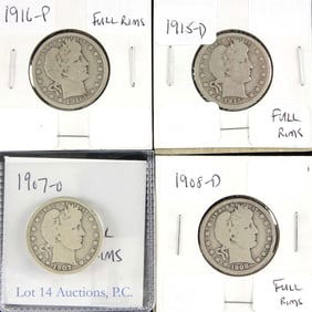 USA 90%-Silver Barber 25c FULL RIMS (4)