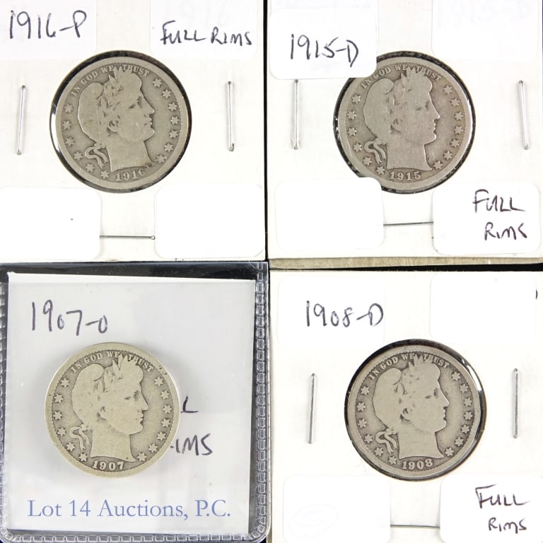 USA 90%-Silver Barber 25c FULL RIMS (4): Four (4) United States silver Barber quarters (Philadelphia Denver, New Orleans Mints). Designer is Charles E. Barber. Per consigner, more in demand now, lower mintages and full rims. Metal is 905 sil