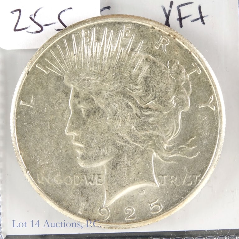 1925-S USA Silver Peace Dollar - XF+: 1925-S United States silver peace dollars (San Francisco Mint). Designer Anthony de Francisci, Per consigner, a tough under rated date in higher grades, this coin grades XF+. Metal is 90% silver, weig