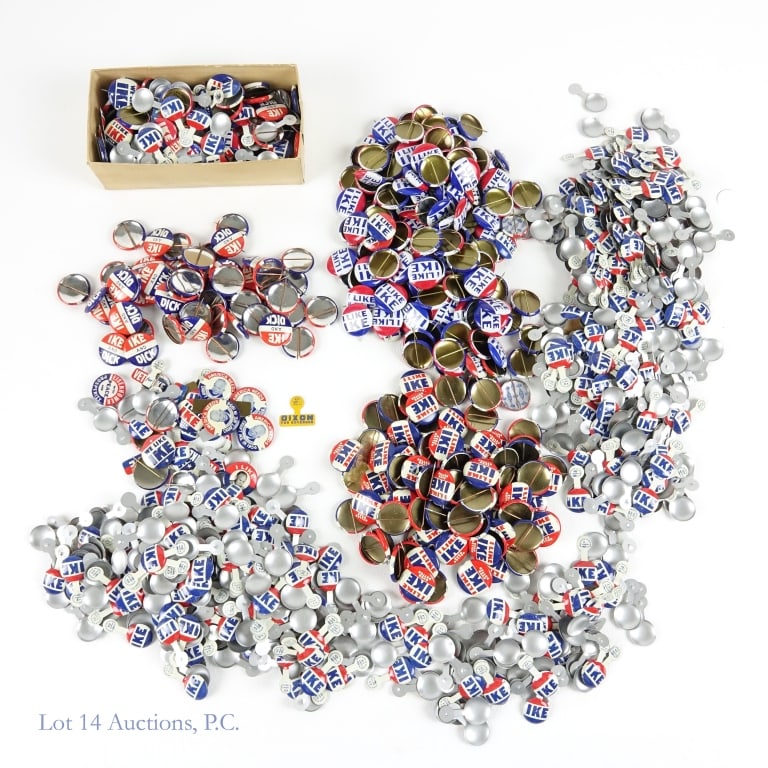 1950s Eisenhower & Nixon Political items +300: Over +300, 1950s Dwight D. Eisenhower and Richard Nixon presidential campaign items. Includes ---1/2 inch "Ike" red white blue lapel pins, ---3/4 inch Ike and Dick pin. ---red GOP elephant pin, ---I L