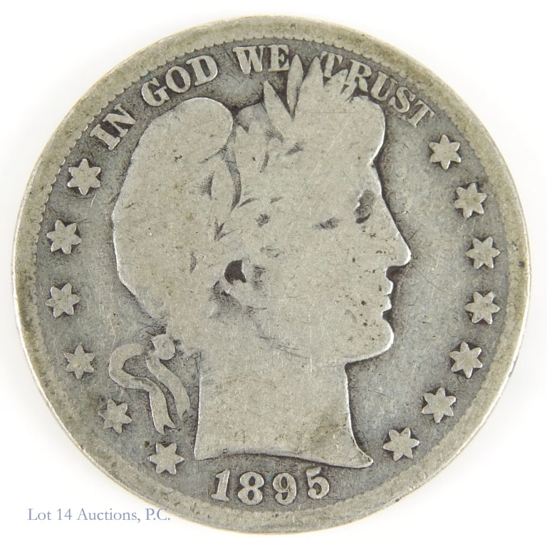 1895-S USA Silver Barber Half Dollar - Tough Date: 1895-S United States silver Barber half dollar (San Francisco Mint). Designer Charles E. Barber. Per consigner, a tough date and hard to find in any grade. Metal is 90% silver, weighs 12.50 grams and