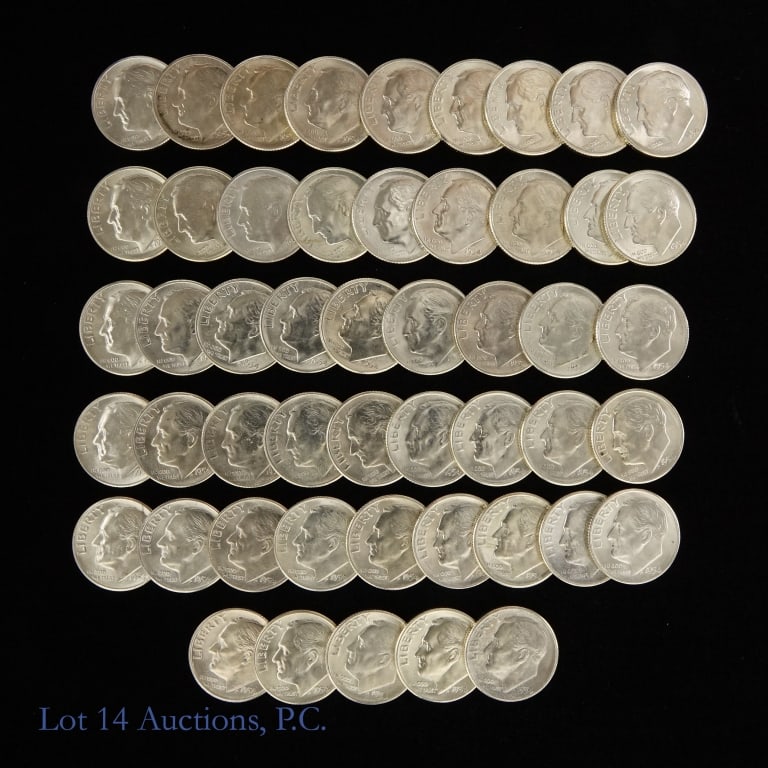 1954-S Silver Roosevelt Dimes Roll (CH BU) (50): Fifty (50) 1954-S silver Roosevelt dimes (San Francisco Mint) in plastic coin roll holder. Per consigner, dimes grades CH BU. Metal is 90% silver, weighs 2.50 grams each coin. Estimated ASW is 3.615 t