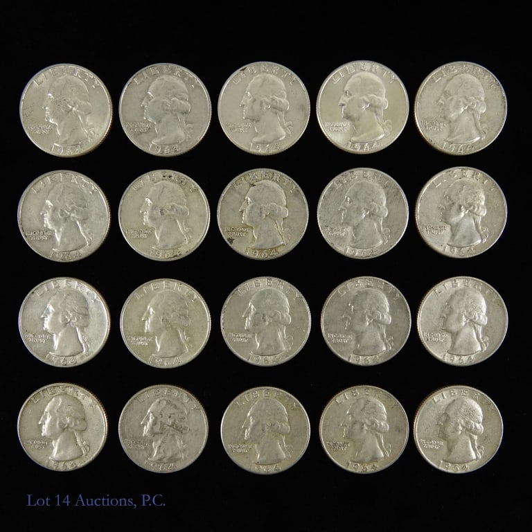90%-Silver Washington Quarters ASW 3.6 Ozt. (20): Twenty (20) silver Washington quarters. Metal is 90% silver and weighs 12.5 grams each coin. (Total lot ASW estimated at 3.616 ozt.) *** Lot 14 Auctions is not a professional numismatic agency. Consig