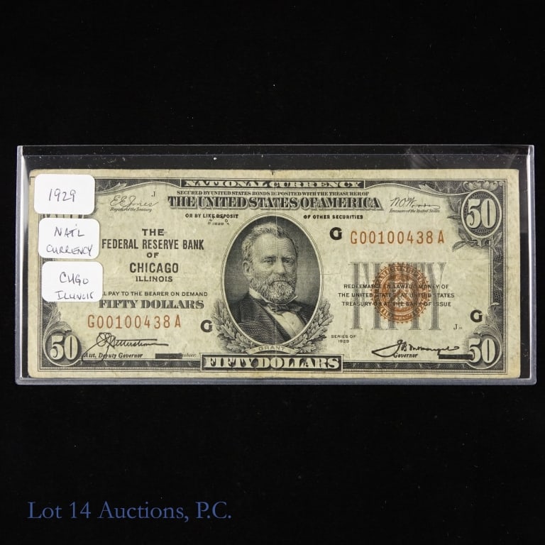 1929 USA $50 Fed. Res. Bank Note Brown Seal: (F-1880G) United States Series 1929 $50 Federal Reserve Bank note - brown seal (Chicago). Printed 300,000. Per Whitman's Arthur L. and Ira S. Friedberg "A Guide Book of United States Paper Money 7th e