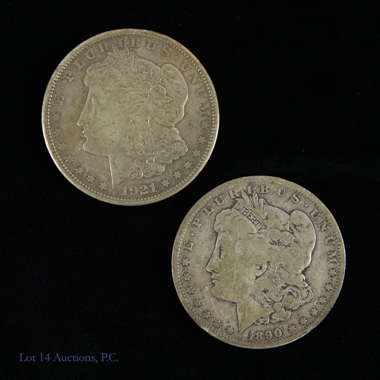 1890-O & 1921-S USA Silver Morgan Dollars (2): Two (2) United States silver Morgan dollars (New Orleans, San Francisco Mints). Metal is 90% silver and weighs 26.73 grams each. Details as follows: ---1890-O (mintage 10.7 million); and ---1921-S (mi
