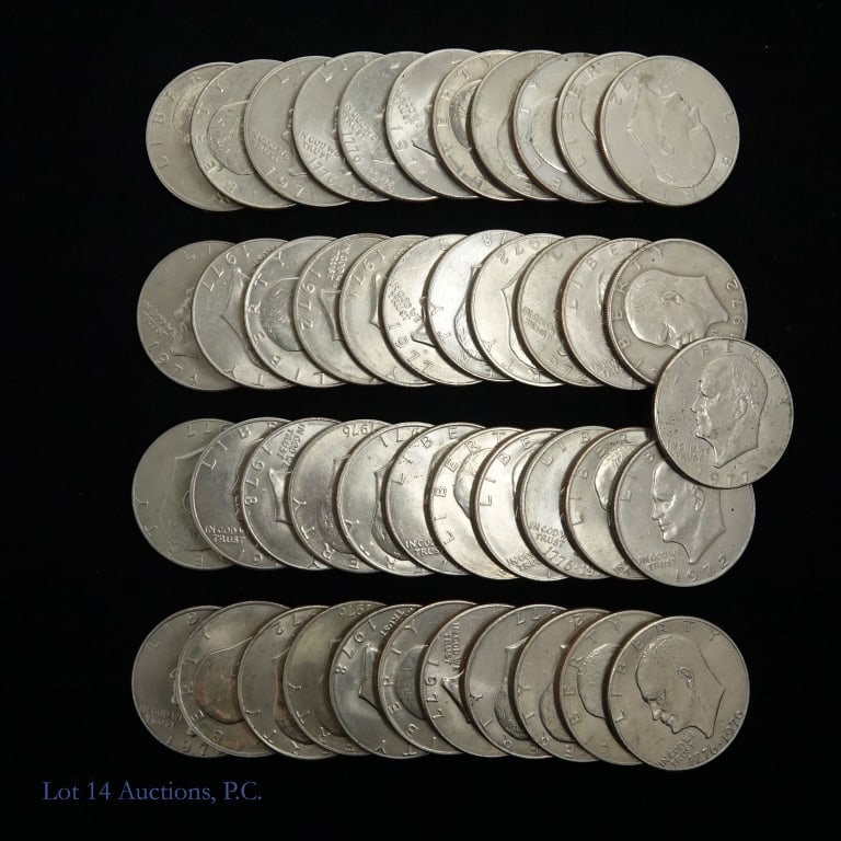 USA Clad Eisenhower Dollars Rolls (45): Forty-five (45) United States clad Eisenhower dollars (Philadelphia, Denver Mints) in two "super" plastic coin roll holders. Designer is Frank Gasparro. Per consigner, grades in XF-BU. Metal is 91.67%