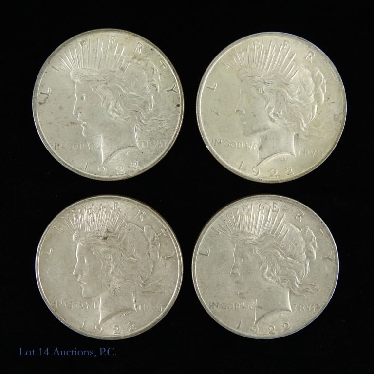 1922 USA 90%-Silver Peace Dollars - CH BU (4): Four (4) 1922 United States silver Peace dollars (Philadelphia Mint). Per consigner, grades CH BU. Metal is 90% silver and weighs 26.73 grams each. *** Lot 14 Auctions is not a professional numismatic