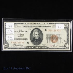 1929 USA $20 Fed. Res. Bank Note Brown Seal (AU)