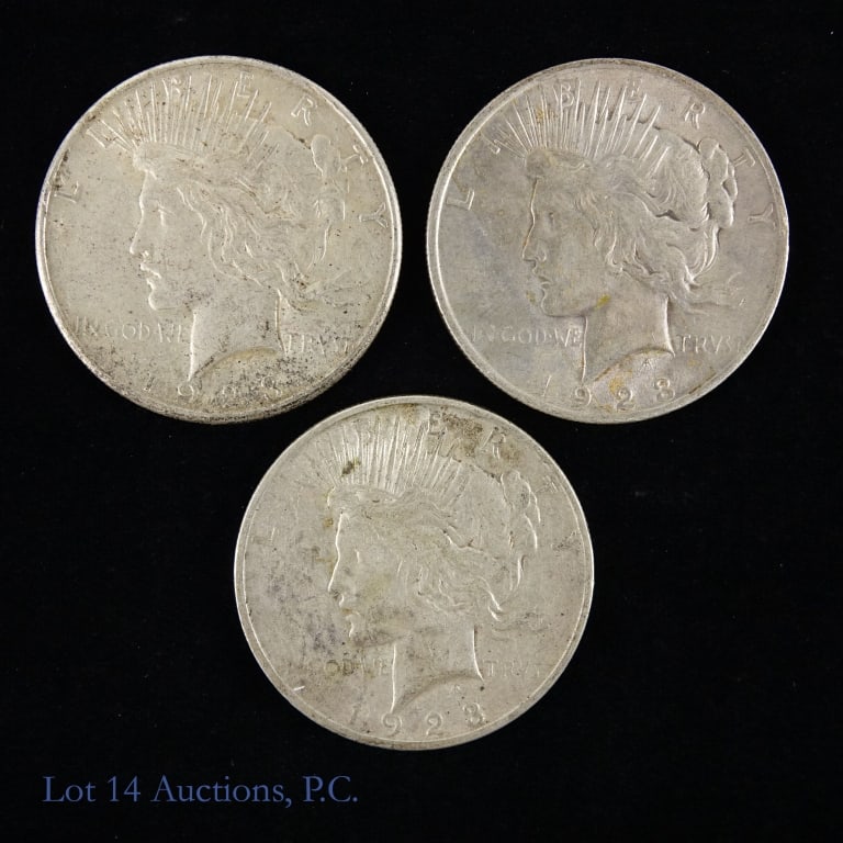 1923 P, D, S Silver Peace Dollars (3): Three (3) silver peace dollars (Philadelphia, Denver, San Francisco Mints). Designer is Anthony de Francisci. Metal is 90% silver, weighs 26.73 grams and measures 38.1 mm each coin. Dates and mintages