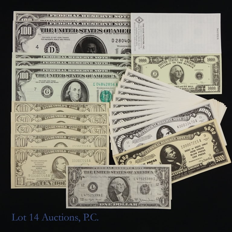 Replica United States Currencies (46+): Over forty-six ( 46+) replica U.S. currencies for merchandise and advertising as follows: ---1934 replica 1000 FRN - large size (10); ---1934 replica 5000 FRN Michigan press & Feed Inc (1); ---1935 re