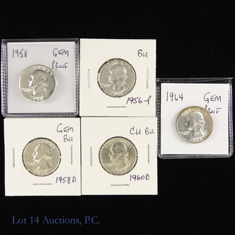 USA Silver Washington Quarters CH BU (5): Five (5) United States silver Washington quarters (Philadelphia, Denver Mints). Per consigner, original coins that grades CH BU to Gem BU. Metal is 90% silver, weighs 6.25 grams and diameter 24.3 mm e