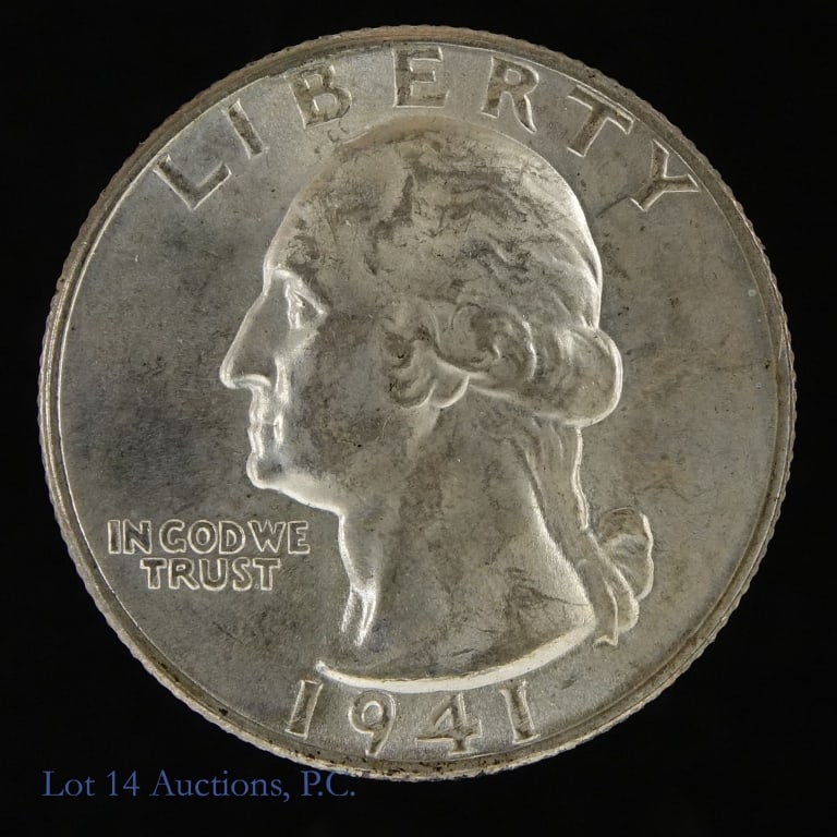 1941-D USA Silver Washington Quarter (GEM Unc): 1941-D United States silver Washington quarter (Denver Mint). Designer John Flannagan. Per consigner, tough to find early date that grades GEM-Unc. Metal is 90% silver, weighs 6.25 grams and diameter 