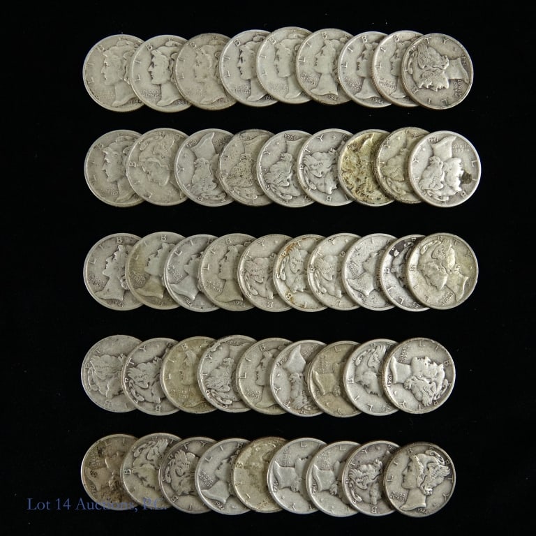 USA 90%-Silver Mercury Dimes (41): Forty-one (41) United States silver mercury dimes. Metal is 90% silver and weighs 2.50 grams each. (ASW = 2.964 ozt.) *** Lot 14 Auctions is not a professional numismatic agency. Consigner description