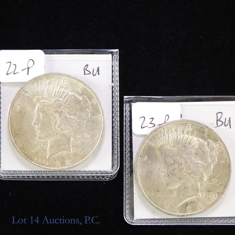 1922 & 1923 USA Silver Peace Dollars BU (2): 1922 and 1923 United States silver peace dollars (Philadelphia Mint). Designer Anthony de Francisci, Per consigner, grades BU with nice subdued luster. Metal is 90% silver, weighs 26.73 grams, and dia