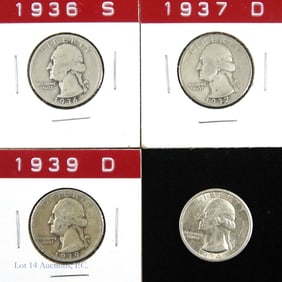 1934 - 1939 USA Silver Washington Quarters (4)