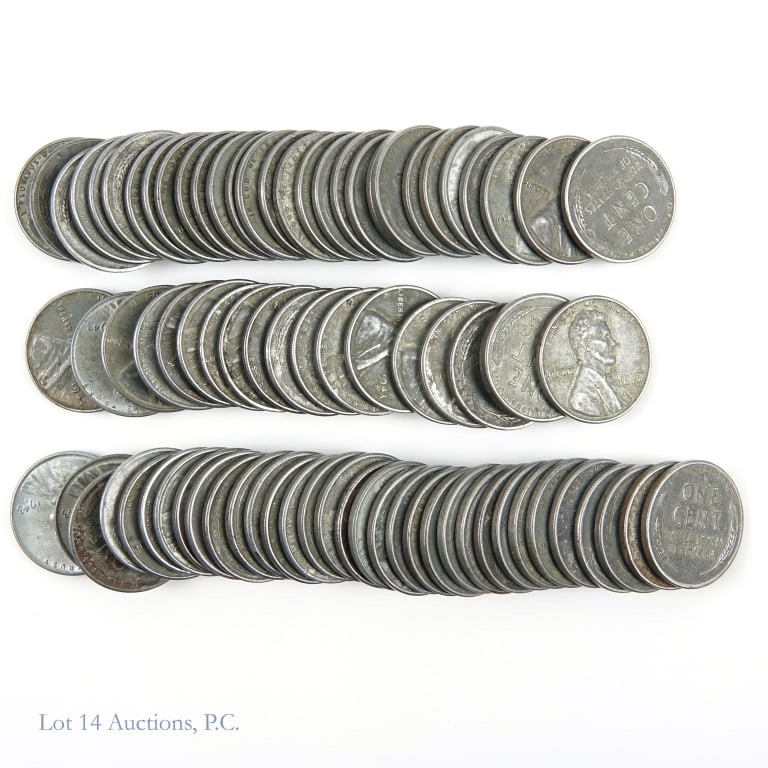 1943 Steel Lincoln Wheat Cents (83): Eighty-three (83) 1943 steel Lincoln wheat cents in two plastic coin roll holders. Designer, Victor D. Brenner. Metal is steel coated zinc and diameter 19 mm. Per consigner, virtually rust free coins.