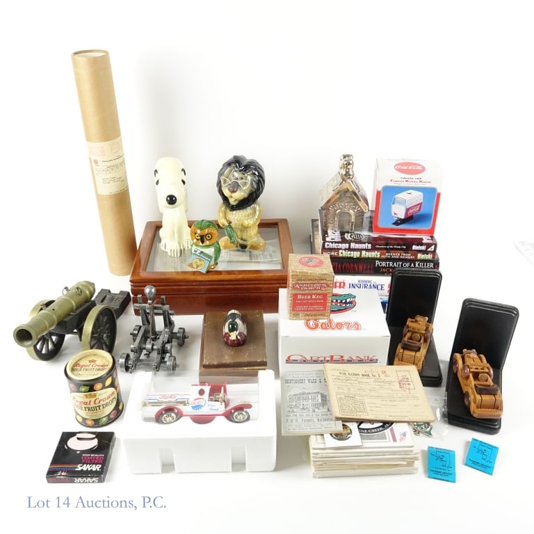 Grandpa's Books, Cigars, Banks and More (+35): Grandpa's Books, Cigars, Banks and More (+35). Items include but not limited to: 12" x 9" x 3.5" humidor with 10+ cigars, cutters, matches and more - cigars likely need to be rehumidified; 1940's War