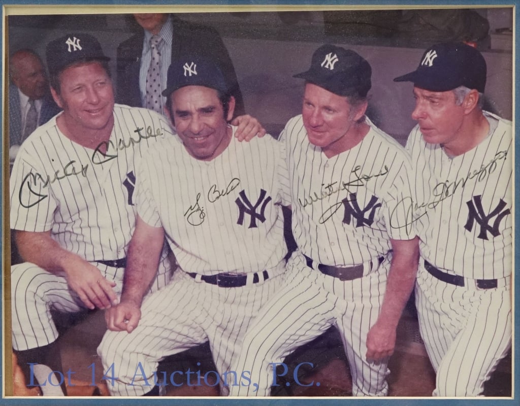 Mantle/Berra/Ford/DiMaggio Signed Photograph (COA): Mickey Mantle / Yogi Berra / Whitey Ford / Joe DiMaggio Autographed Framed Photo (Score Board COA - Paul Goldin). Framed: 20X16. Please see image for details regarding condition.