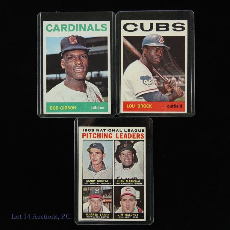 1964 Topps Brock Gibson + Baseball Cards: Three baseball cards. Please see photos for condition. While overall nice condition, there is some busted corners: 1964 Topps #3 Pitching Victory Leaders (featuring Sandy Koufax, Juan Marichal, and Wa