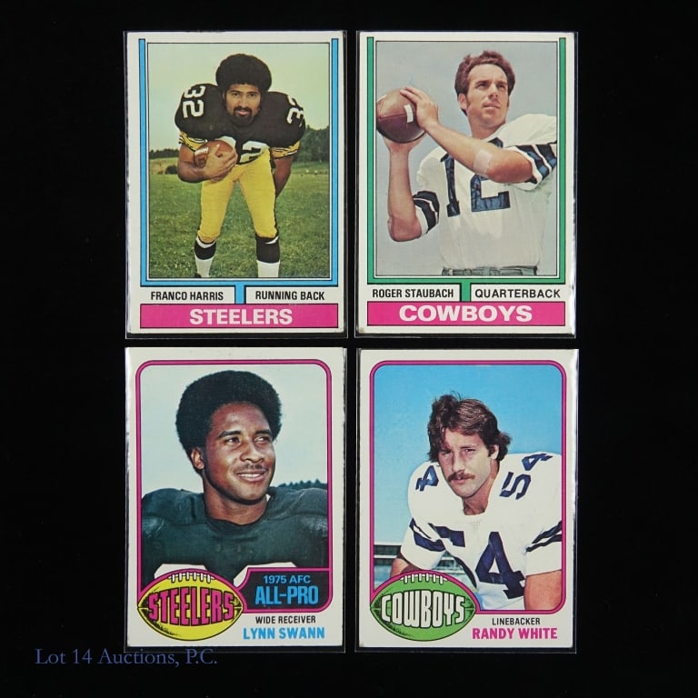1974 & 1976 Staubach Harris + Topps Football Cards: Four Topps football cards. Please see photos for condition - there are busted corners and some edge wear. 1974 Topps #220 Franco Harris ***** 1974 Topps #500 Roger Staubach *****1976 Tops #140 Lynn Sw