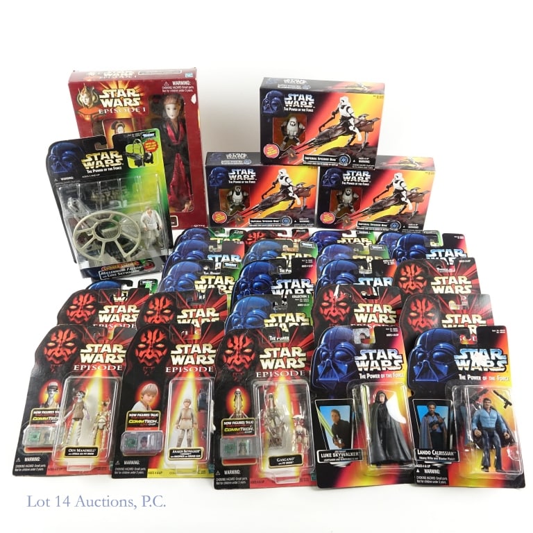 Star Wars Figures & Toys: Some figures include: Obi - Wan Kenobi, Luke Skywalker, Bespin Han Solo, and Ultimate Hair Queen Amidala. Some toys include: Millennium Falcon with Luke Skywalker, Imperial Speeder Bike (3). Most figu